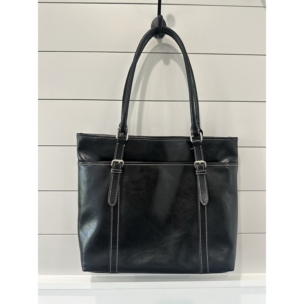 9 & Co Faux Leather Tote Shoulder Bag Purse Black Large 15" Size
